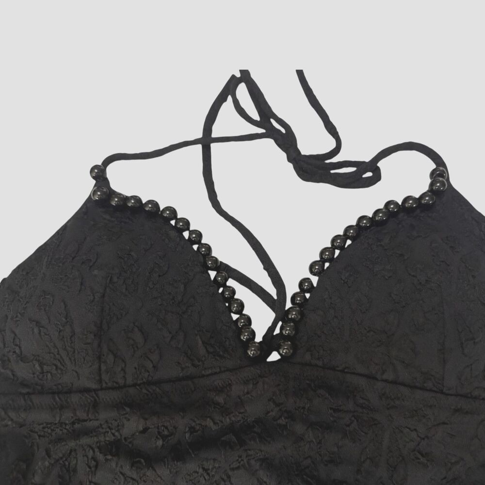J.CREW NWT Swimsuit sz18 Black Cloque One Piece Beaded Trim Tie Neck Open Back - Picture 12 of 15